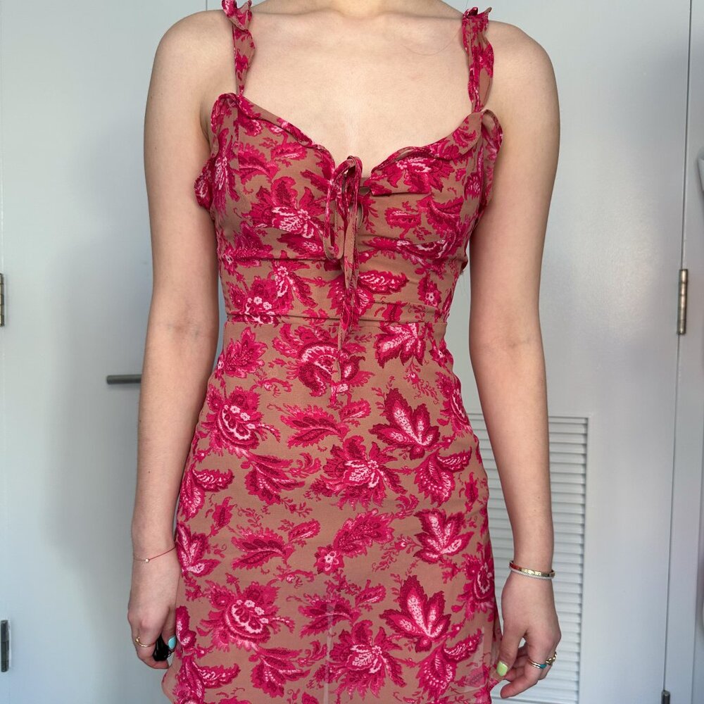 Red Floral Ruffle Mini Dress — size XS